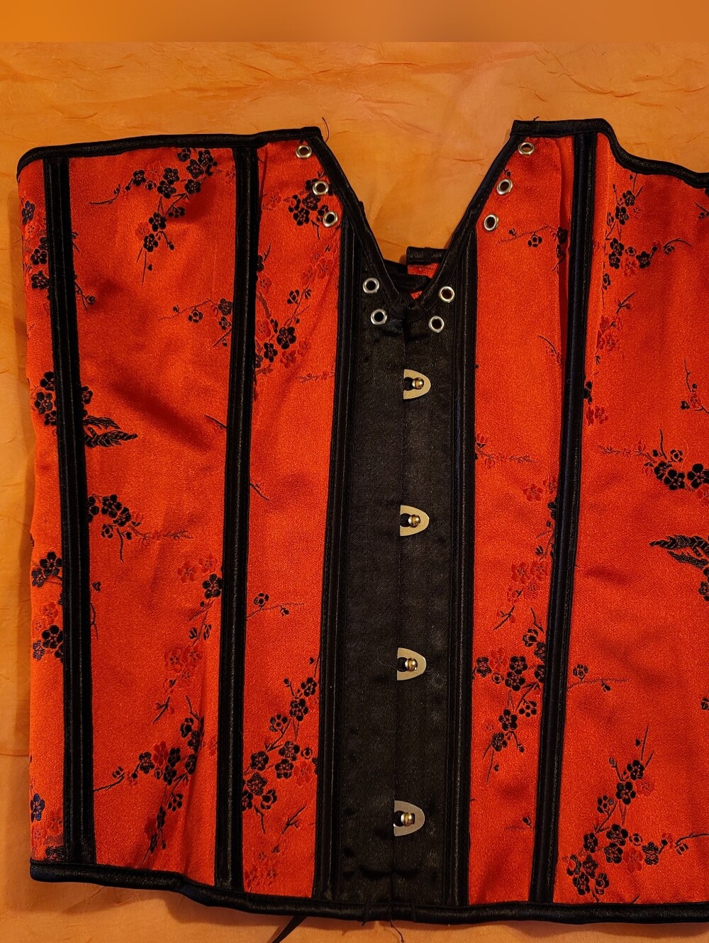 Red Floral Corset with Black Trim and Satin Lacing